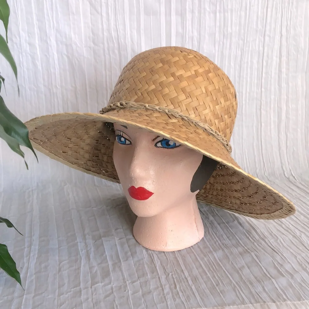 Women wicker thick weave medium brim summer sun hat w/rattan tie